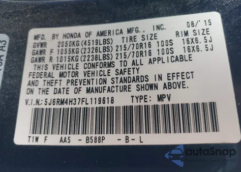 2015 Honda Cr-V Lx из США, поврежденный, VIN 5J6RM4H37FL119618